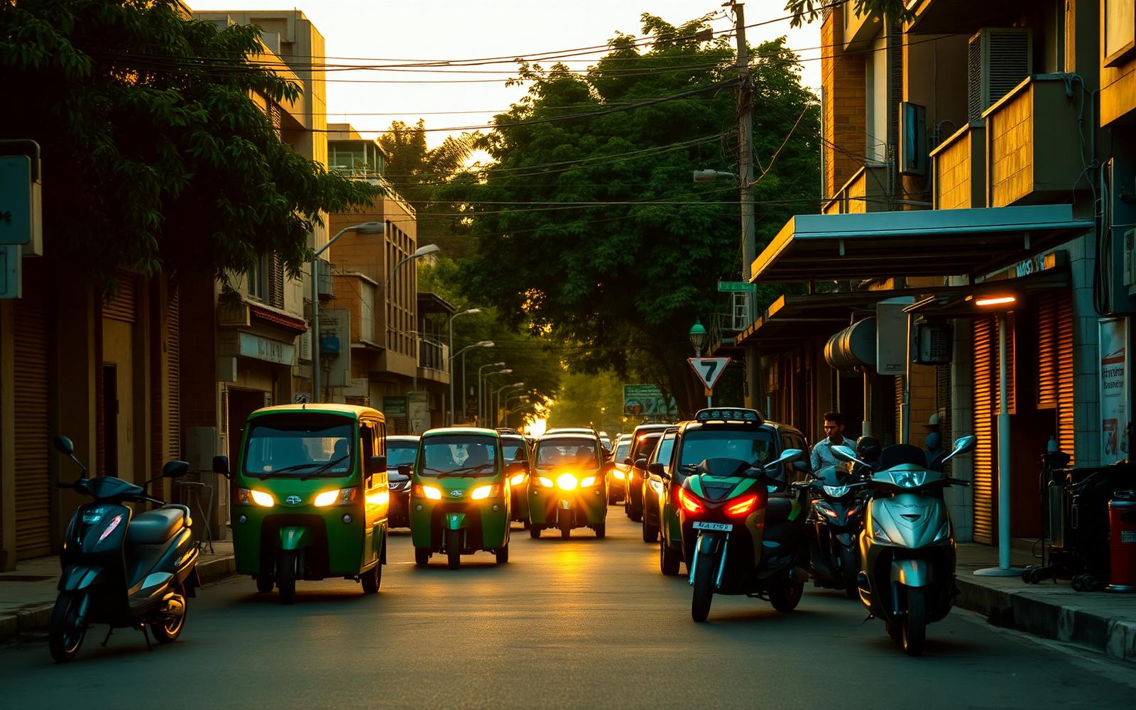 Electric vehicles and scooters on an African city street